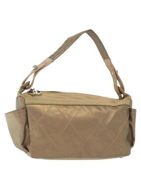 Authentic CHANEL Paris Biarritz Shoulder Bag Coated Canvas Beige Silver CC